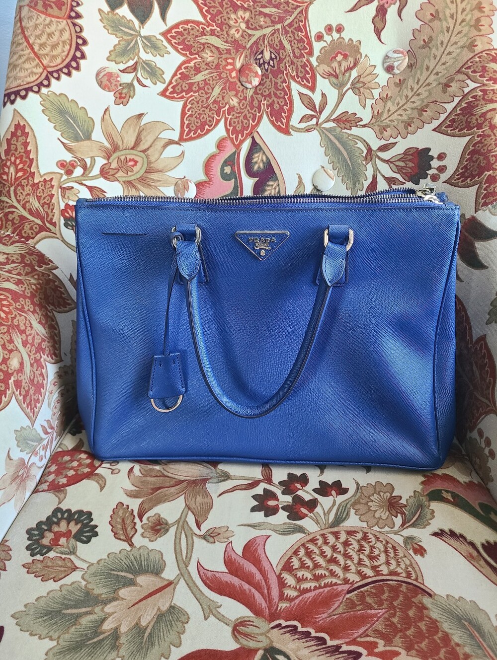 PRADA Blue Saffiano Galleria Triangle Logo Plate Leather Tote Bag